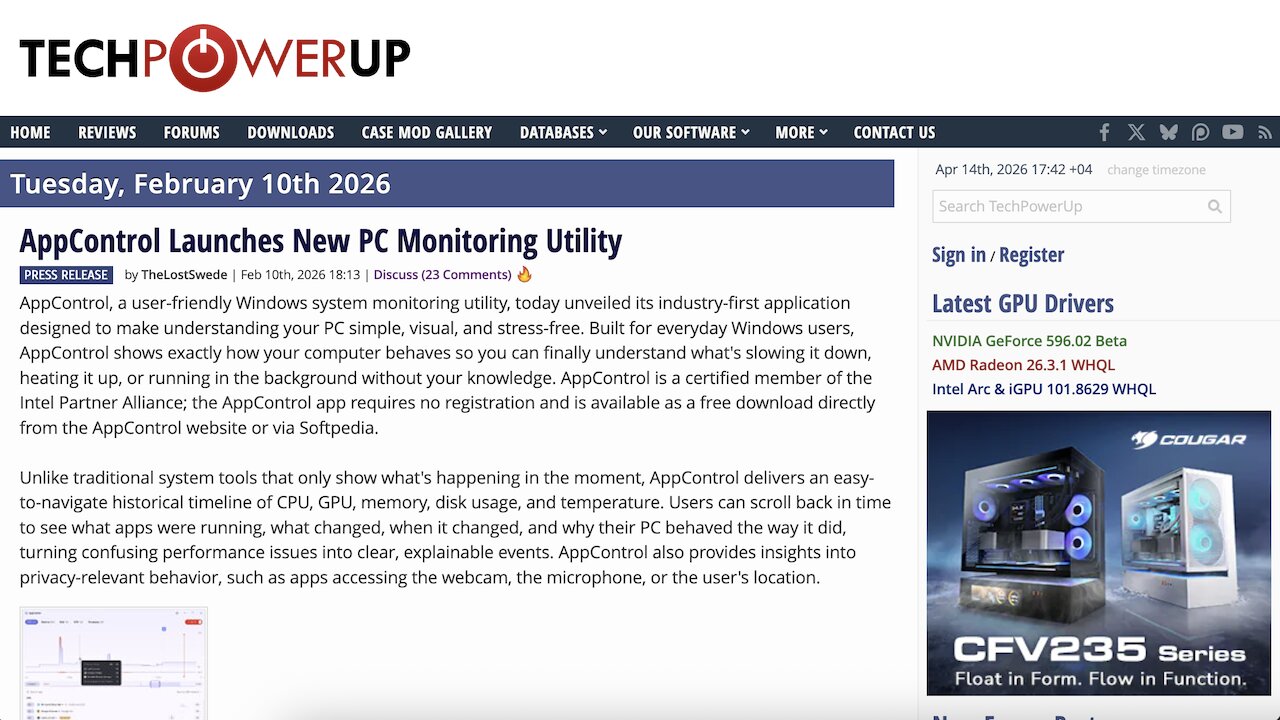 Press coverage at TechPowerUp Magazine secured for the global company AppControl