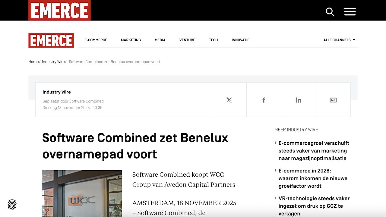 Press coverage at Emerce Magazine secured for the global company Software Combined