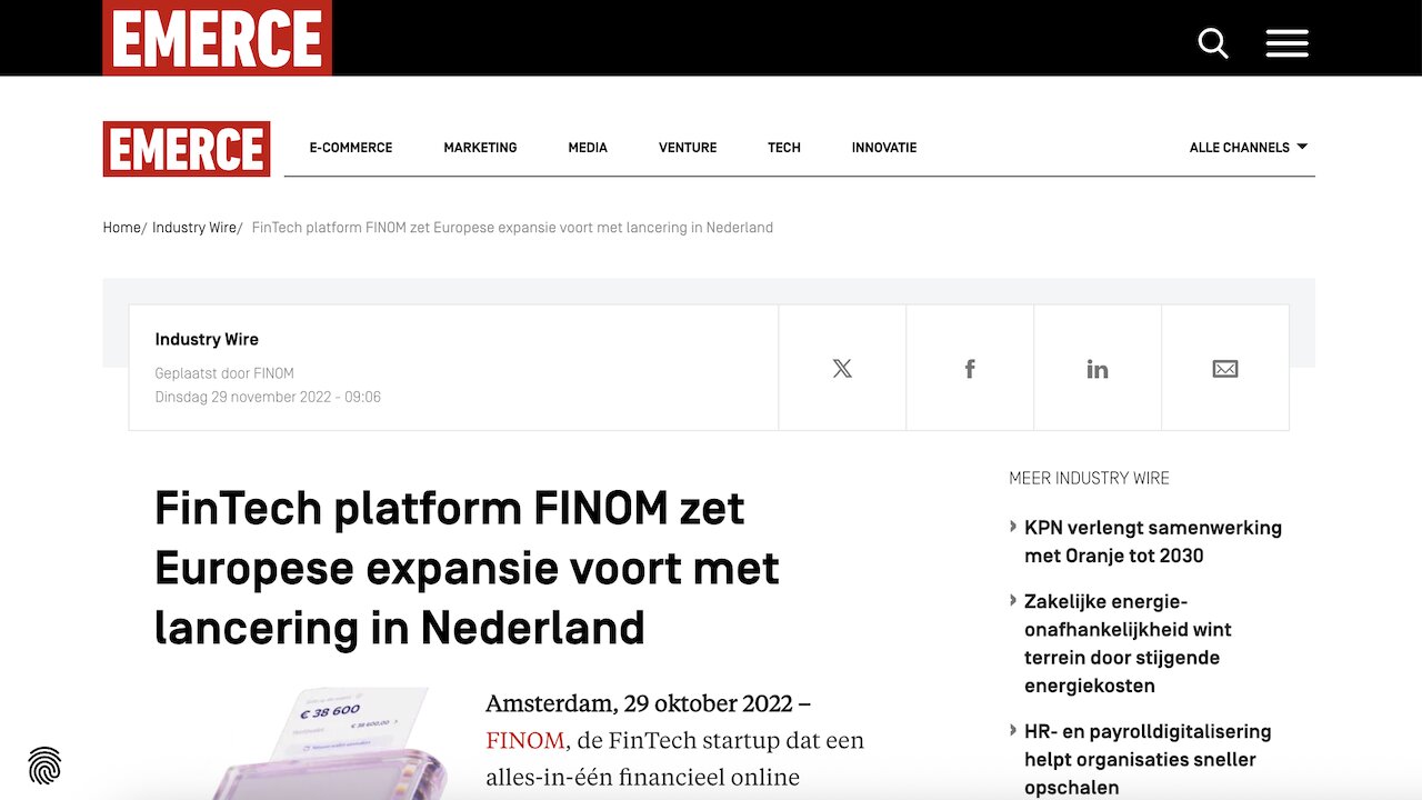 Press coverage at Emerce NL Magazine secured for the global company Finom