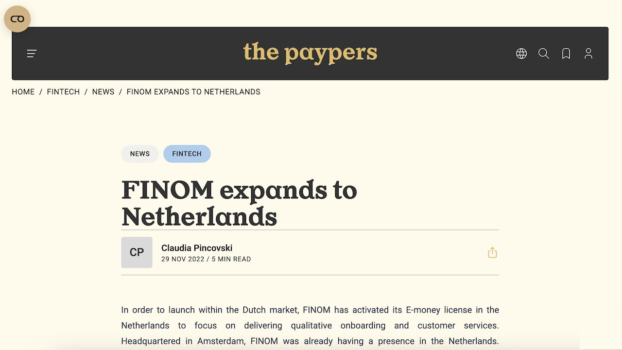 Press coverage at The Paypers Magazine secured for the global company Finom